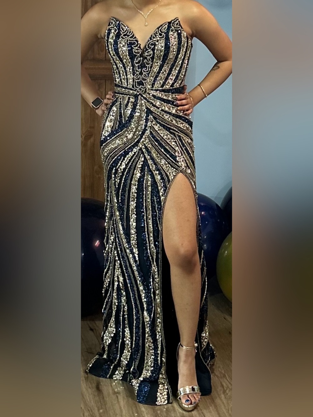 Portia and Scarlett Navy and Gold Sequin Prom Gown with High Thigh Slit